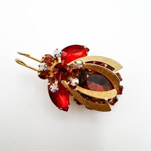 Vintage Unsigned Juliana Rhinestone Orange Green Beetle Bug Gold Tone Brooch